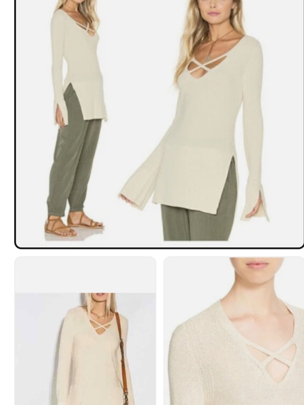 Free People Cream V-Neck Knit Top